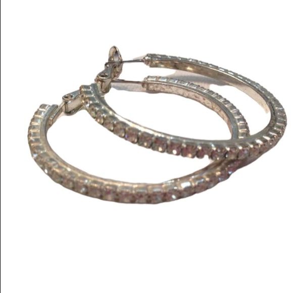 Vintage Sliver Hoop Earrings With Rhinestones - Picture 3 of 4